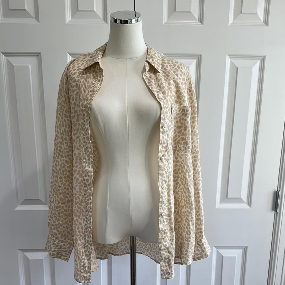 GAP LINEN Cream Brown Leopard Oversized Long Sleeve Button Down Shirt Size M